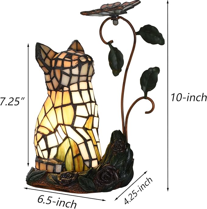 Bieye L10891 Tiffany-Style Stained Glass Cat Accent Table Lamp - Adorable Orange Cat Watching a Butterfly - 10-Inch Tall
