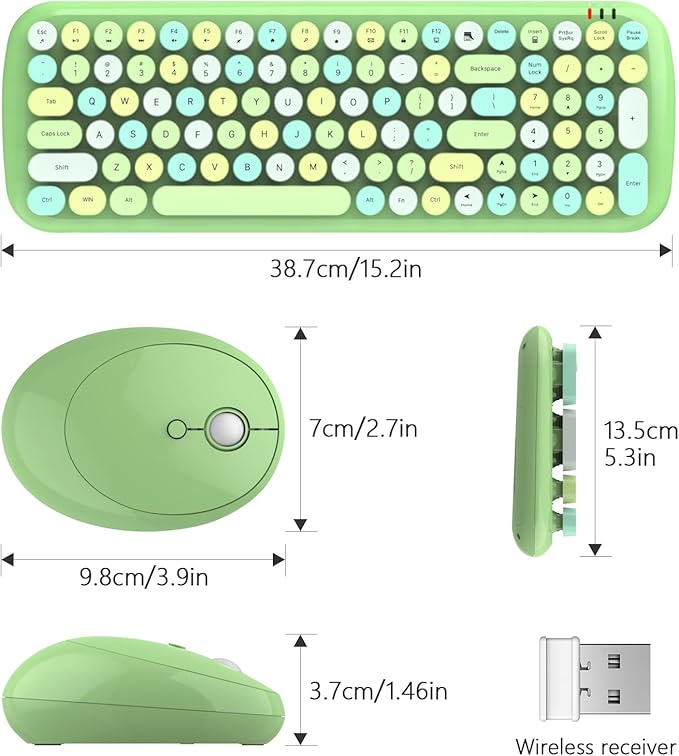 Wireless Keyboard and Mouse Combo, MOWUX - Modern Compact Layout, Colorful Compact Candy Mouse and Retro Round Keyboard Set with Cover, for PC/Laptop/Windows/Mac - Green Colorful
