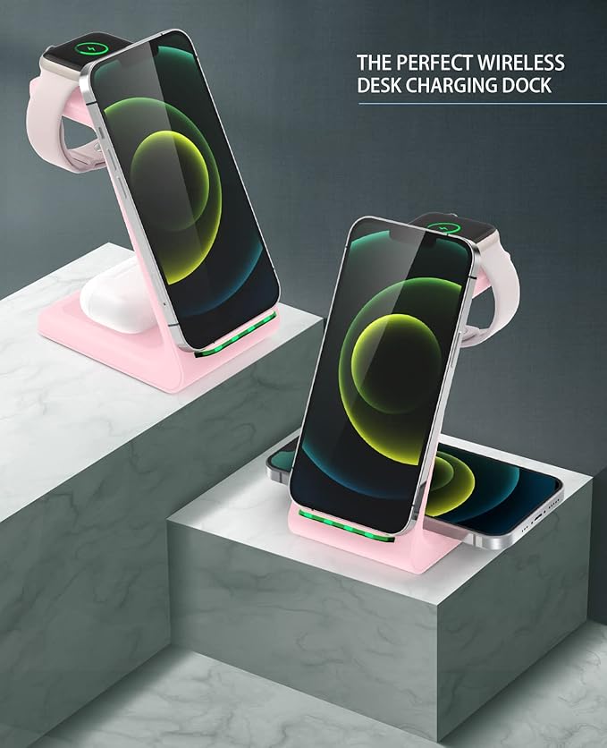 3 in 1 Wireless Charging Station, 2025 Upgraded Fast Desk Charger Station for iPhone 16 15 14 13 12 Pro Max Plus, Charger Stand for Apple Watch 10 9 8 7 6 5 4 3 2 SE, Airpods 4 3 2 Pro(Pink)