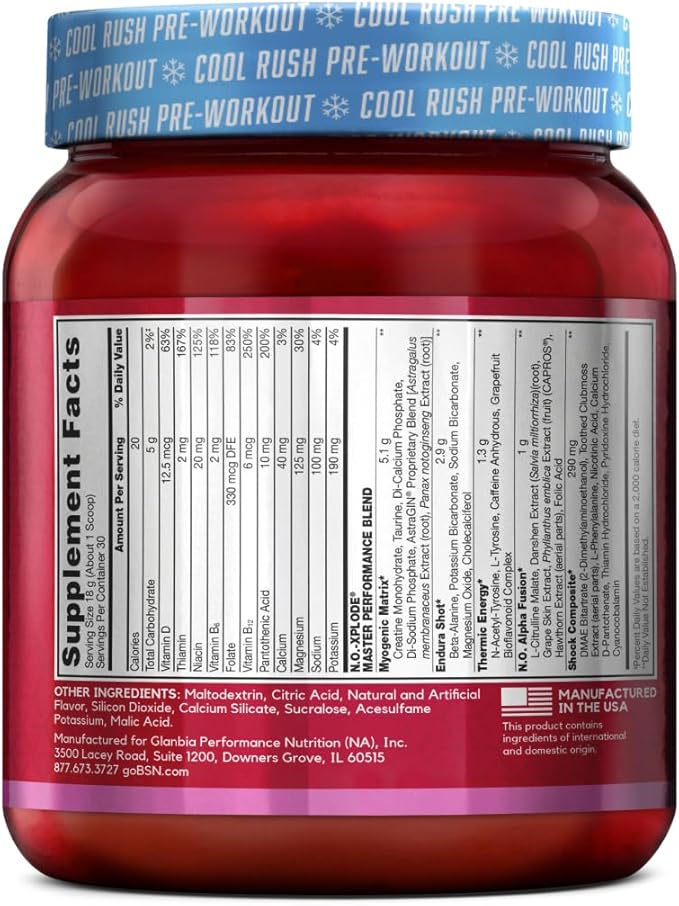 BSN N.O.-XPLODE Cool Rush Pre Workout Powder, Preworkout Energy Supplement for Men and Women with Creatine and Beta-Alanine, New Flavor: Bubblegum Blast, 30 Servings