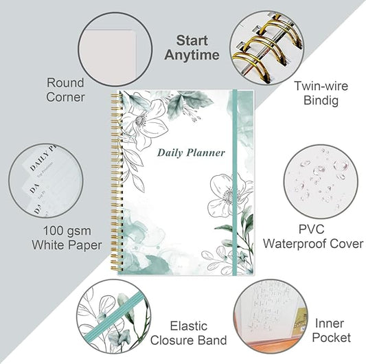 Daily Planner Undated - B5 To Do List Notebook Hourly Schedules, Spiral Appointment Planner for Women and Men, PVC Hardcover, Inner Pocket, Elastic Closure, 7" x 10", Teal Flowers
