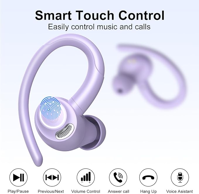 Wireless Earbuds Bluetooth 5.3 Headphones Sports, 48Hrs Playtime Bluetooth Earbuds with CVC 8.0 Mic, Stereo Bass Over Ear Bud with Earhooks, LED Display, IP7 Waterproof Earphon for Running Purple