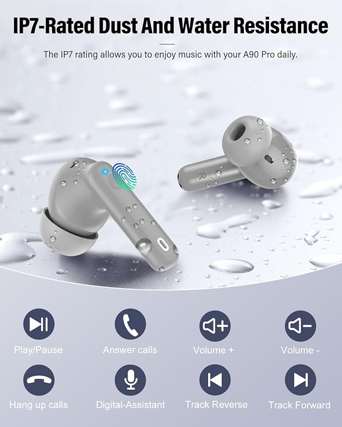 Wireless Earbuds, Bluetooth 5.4 Headphones Bass Stereo, Ear Buds with Noise Cancelling Mic, IP7 Waterproof in Ear Earphones, 36H LED Display Bluetooth Earbuds for Laptop Pad Phones Sports, Grey