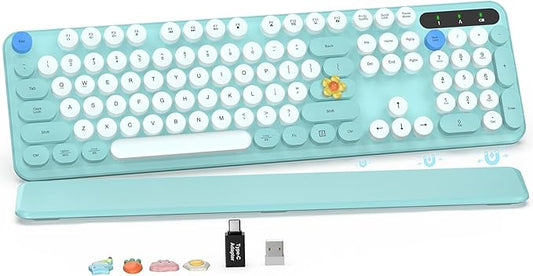 Wireless Keyboard, Round Keycaps, Retro Typewriter Keyboard with Detachable Wrist Rest, Sleep Mode, Foldable Legs, 2.4GHz Full-size Cordless Computer Keyboard for Windows/PC/Laptop (Robin Egg Blue)