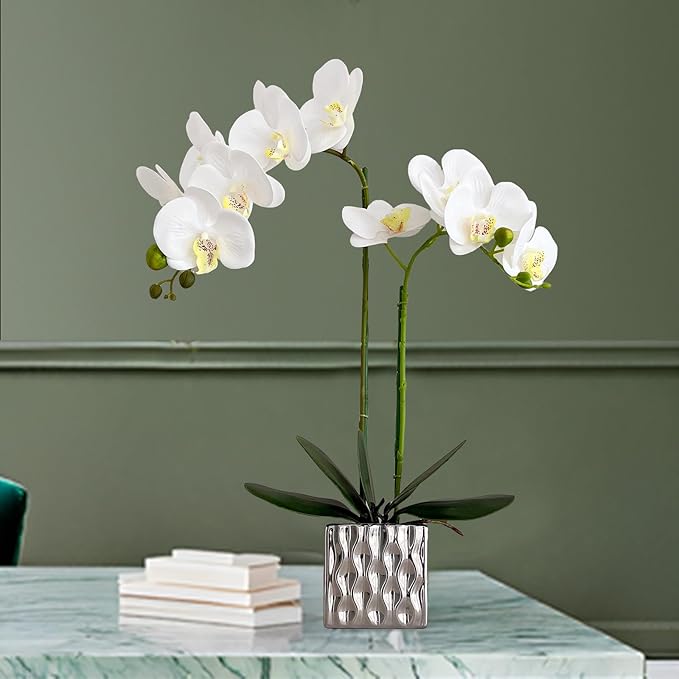 LISU Artificial Orchids, Silver Vases, Home Decoration Flower Arrangements, Fake Flowers in Vases. (C:White)