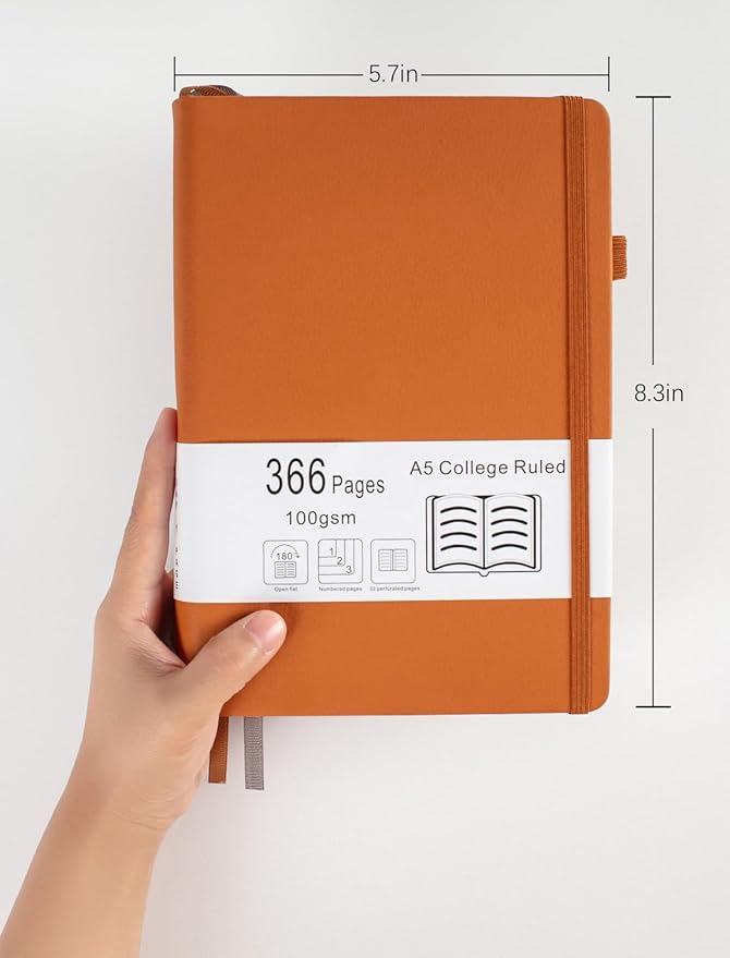 Thick College Ruled Notebook with 366 Numbered Pages, A5 Journals for Writing with 100GSM Lined Paper, Hardcover Leather Notebooks for Women Men School Note Taking Office Work Diary, 5.7"x8.3" Cyan