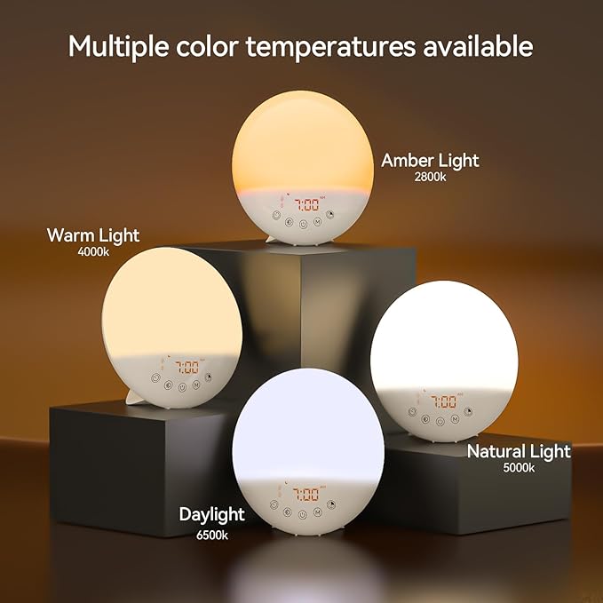 Wake Up Light Sunrise Alarm Clock, 10000 Lux UV-Free Sun Lamp with Dimmable Brightness, 4 Color Temperatures, Timer, Dual Alarms, Snooze, Sleep Aid, 10 Natural Sounds