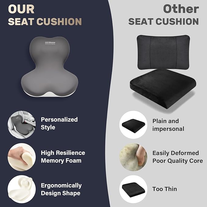 Coverado Seat Cushion and Lumbar Support Pillow One Piece for Car Office Chair, Ergonomic Memory Foam Desk Chair Cushion Back Support Pillow, Sciatica & Back & Tailbone Pain Relief Cushion-Gray