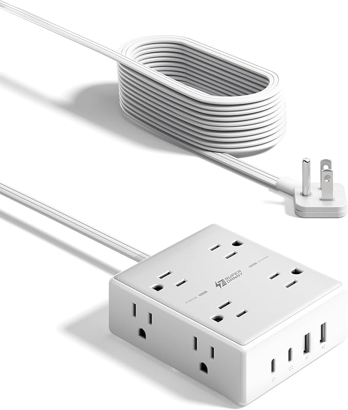 15Ft Long Extension Cord, Surge Protector Power Strip with 8 Outlets & 4 USB Ports (2 USB C), Flat Plug Power Strip Wall Mountable, Desk Charging Station for Home Office, College Dorm Room Essentials
