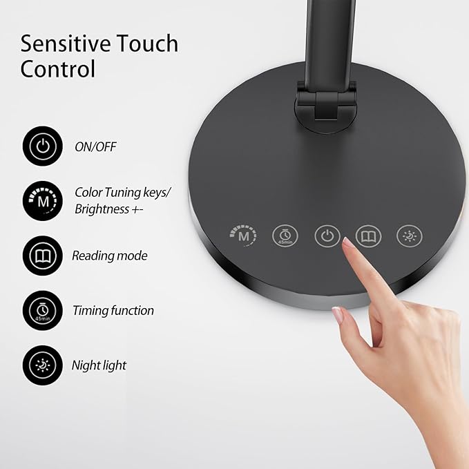 Semlos Led Desk Lamp with Adjustable Brightness and 5 Color Temperature, Dimmable Desk Light, Type-C Interface, Timer, 12W Table Lamp for Home and Office, Black, Adapter Included