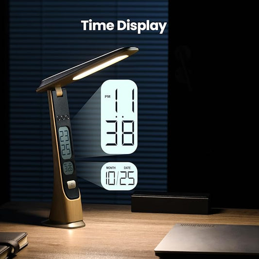 Rechargeable Cordless LED Desk lamp, dimmable Table lamp with Battery,Digital Clock,LCD,Date,Stepless Brightness Foldable Portable Lights for Home,Reading,Office (Brown)