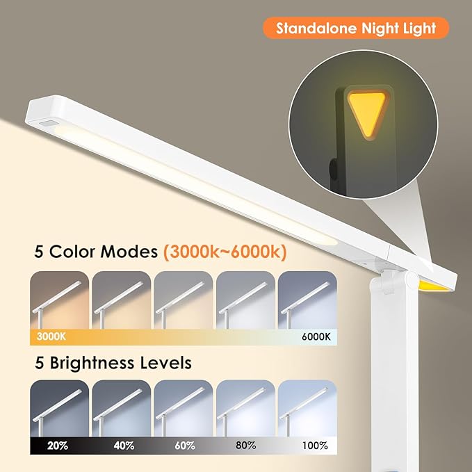 Infiway Desk Lamp with USB Charging Port: LED Desk Lamps for Home Office - 1 Type-C, 1 USB-A Charging Port, 2 AC Power Outlets - Touch Control Dimmable 5 Color 5 Brightness