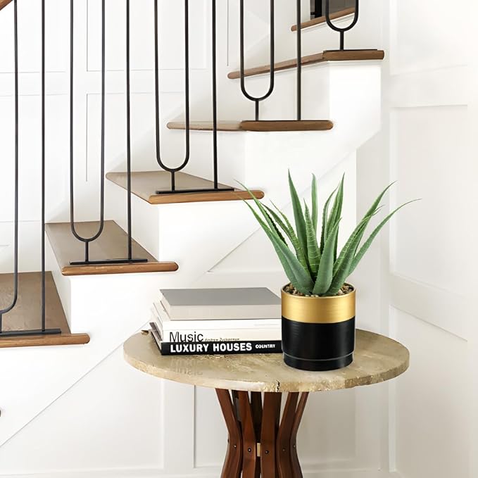 Briful Succulents Artificial Plants Realistic Agave Plant, Gold Black Metal Pot, Farmhouse Aloe Vera Fake Plants for Home Office Desk Bathroom Shelf Decorations