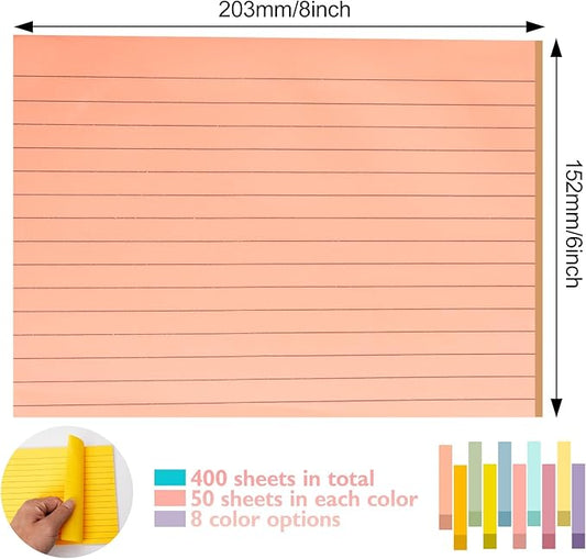Lined Lined Self Stick 6 x 8 in Post,8 Pack Large Ruled Post Stickies,Ruled Stickies Super Sticking Power Memo Pads Strong Adhesive,Sticky Notes with Lines for Home,Office,School,50 Sheets/pad