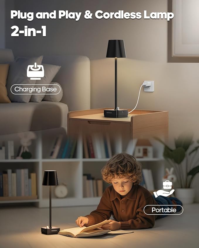 2 Pack Cordless Table Lamp with Charging Base, Rechargeable 6000mAh Battery Operated Lamp, 3 Color Dimmable Portable Table Light for Restaurant, Bedroom, Home, Kitchen Counter
