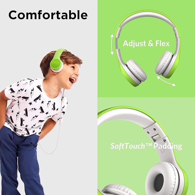 LilGadgets Connect+ Style On-Ear Kids Headphones w/Microphone - SharePort Technology, SoftTouch Padding, Detachable Cable, Noise Reduction, Durable & Adjustable, Green Kids Headphone with Microphone