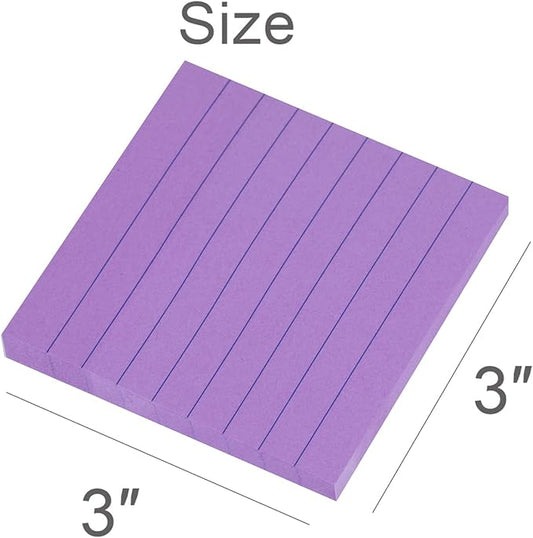 Vanpad Lined Sticky Notes 3x3 Inches, Bright Purple Ruled Self-Stick Pads, Easy to Post for Home, Office, Notebook, 8 Pads/Pack
