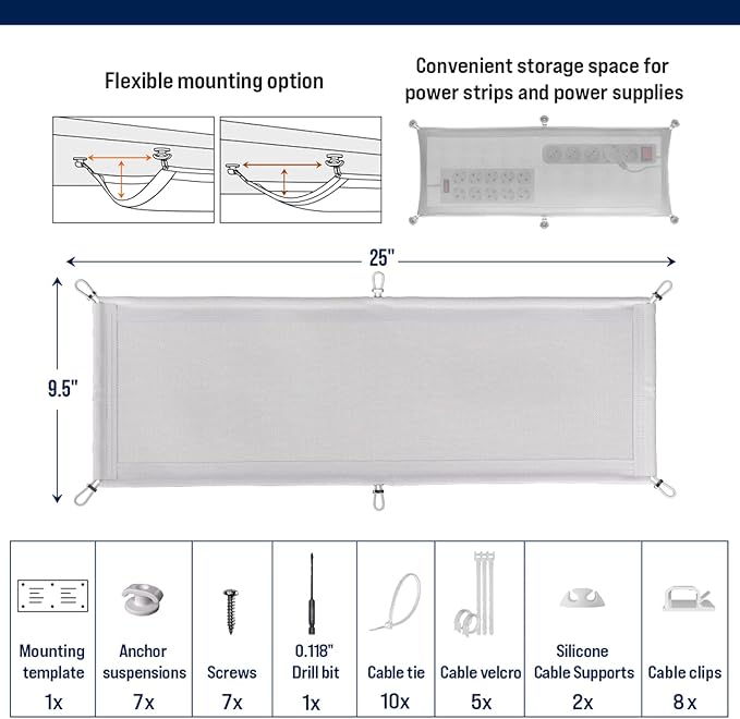 Cable Management net - Under Desk Wire Management - Flexible Under Desk Cable Management Tray White
