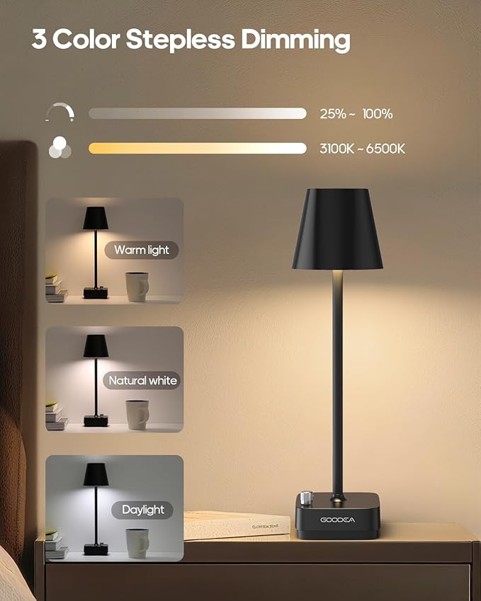2 Pack Cordless Table Lamp with Charging Base, Rechargeable 6000mAh Battery Operated Lamp, 3 Color Dimmable Portable Table Light for Restaurant, Bedroom, Home, Kitchen Counter