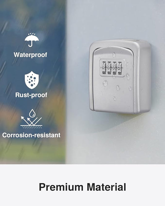 Puroma Key Lock Box, 4-Digit Combination Key Storage Lockbox, Portable Wall Mounted Security Lockbox with Code for Home, Flats, Realtors Garage Spare Keys (1 Pack, Silver)