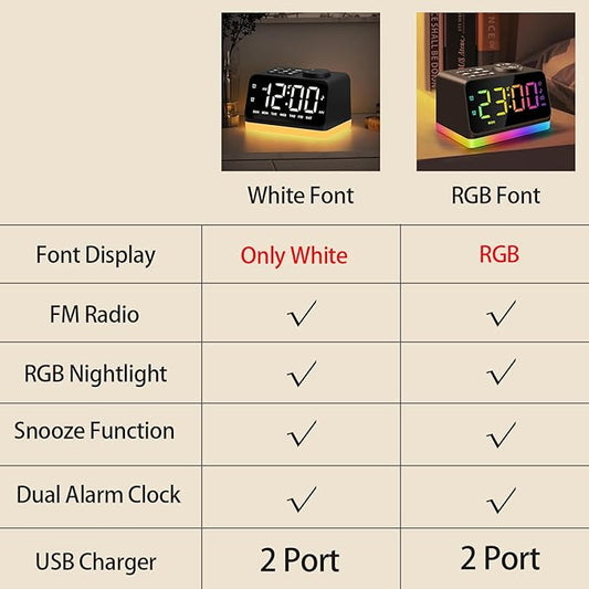 Digital Alarm Clock with FM Radio for Bedroom, 8 Colors Night Light with 2 Charging Port, Sleep Sound Machines with Timer, Dual Alarm, Loud Alarm and Easy to Use for Seniors and Kids as Gift (Black)