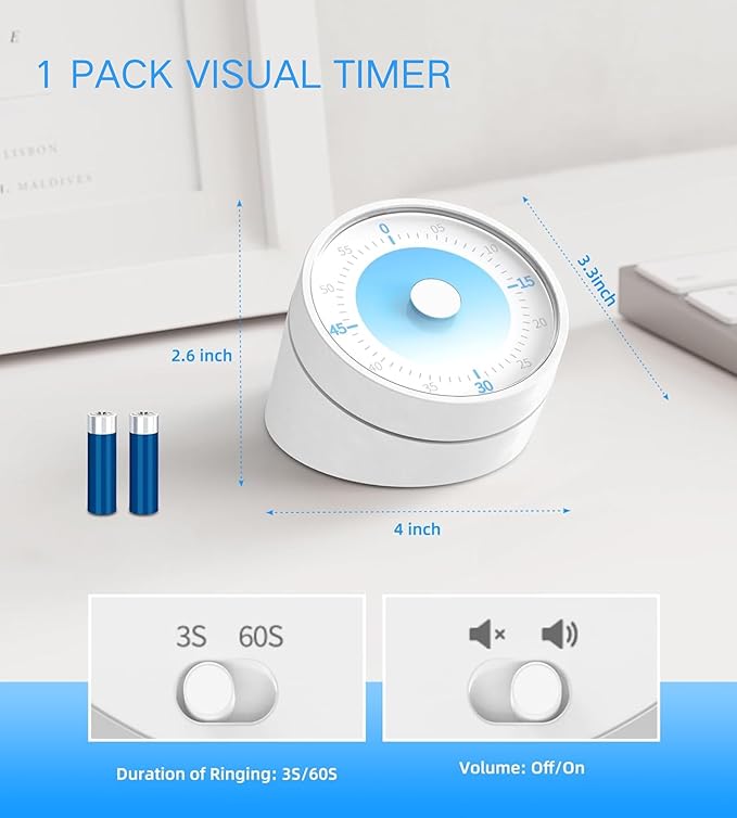 Visual Timer for Adults Teenager - Timers for Classroom Teachers 60 Minutes Countdown Home School Study Tool, Non-Ticking Rotating Timer for Exam Work Kitchen Office Gym, 1 Pack