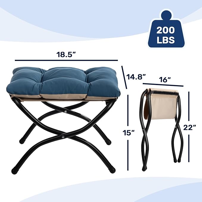 AbocoFur 15"(H) Folding Footrest Stool, Accent Padded Sofa Foot Stool for Lazy Chair, Upholstered Small Foldable Ottoman, Metal Frame Portable Foot Rest Ottoman for Living Room, Bedroom, Navy Blue