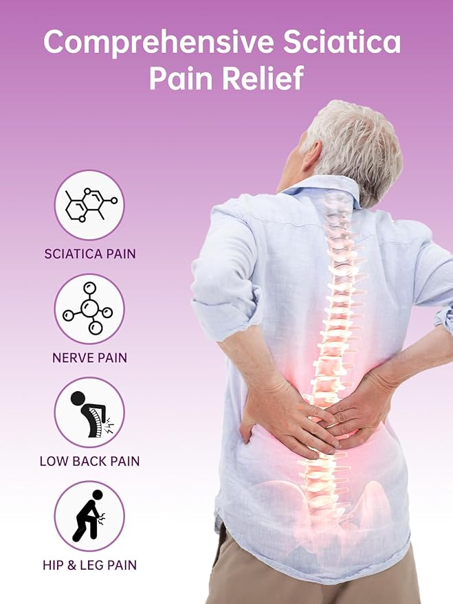Sciatica Pain Relief Device – Deep Tissue Massager for Sciatica, Nerve, Back, Leg, Hip & Muscle Pain Relief with Pulse, Heat, Vibration, Red Light, Purple