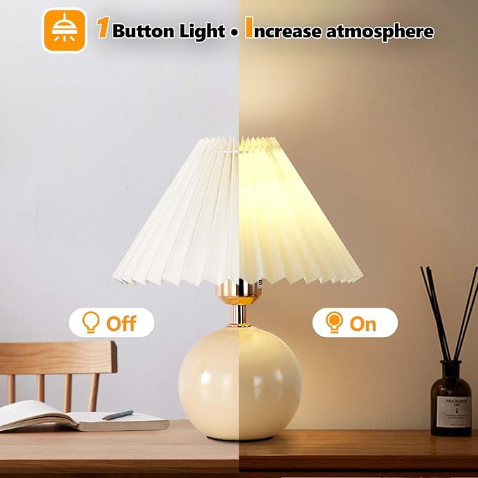 Bedside Table Lamp for Bedroom, Cute Small Pleated Lamps for Nightstand, Modern Circular Ceramic Night stand Lamps, Night Light, Decor Desk Lamp for Living Room Kids Room Dorm Office With E26 LED Bulb