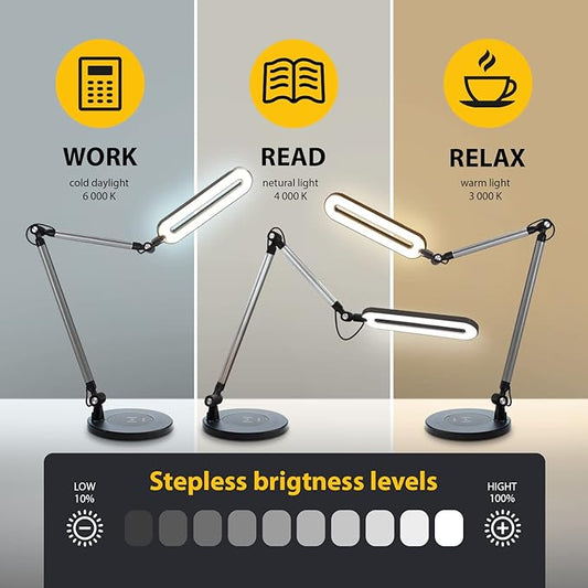 OTUS Desk Lamps for Home Office with Wireless Charger | 3 Color & 12 Brightness Levels | Tall Architect LED Desk Lamp Adjustable Swing Arm | Eye Care Light for Reading, Study, Drafting, Video Calls