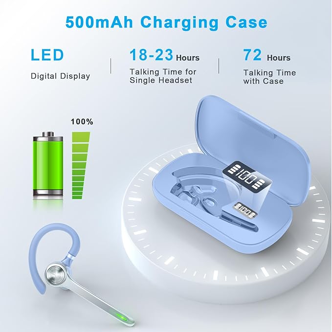Bluetooth Headset, Wireless Bluetooth Earpiece with 500mAh Charging Case 72 Hours Talking Time Built-in Microphone for iOS Android Cell Phone, V5.1Hand-Free Headphones for Trucker-SkyBlue