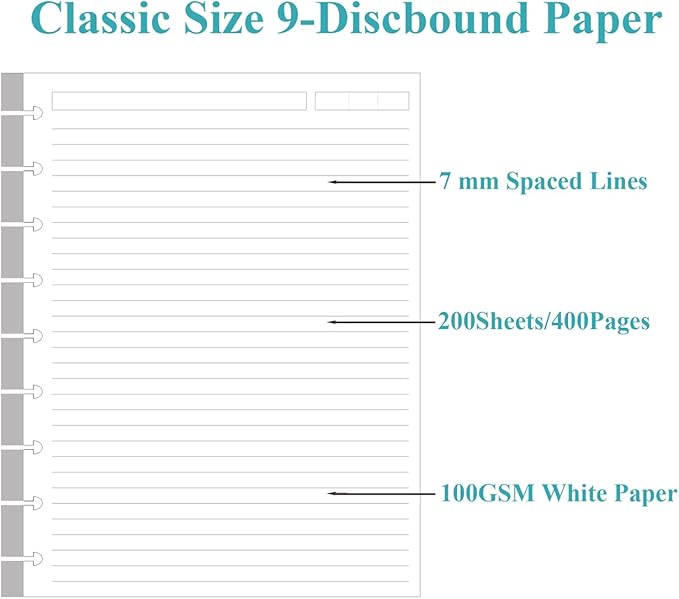 200 Sheets 9-Disc Discbound Lined Refills Paper for Happy Planners Insert, Classic Size Lined Paper, 100gsm White Paper, 7" x 9.25"