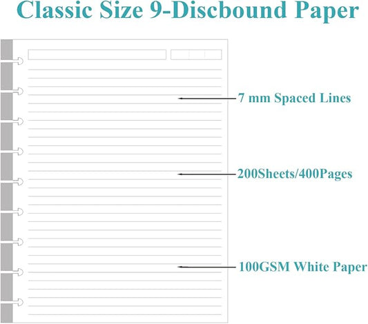 200 Sheets 9-Disc Discbound Lined Refills Paper for Happy Planners Insert, Classic Size Lined Paper, 100gsm White Paper, 7" x 9.25"