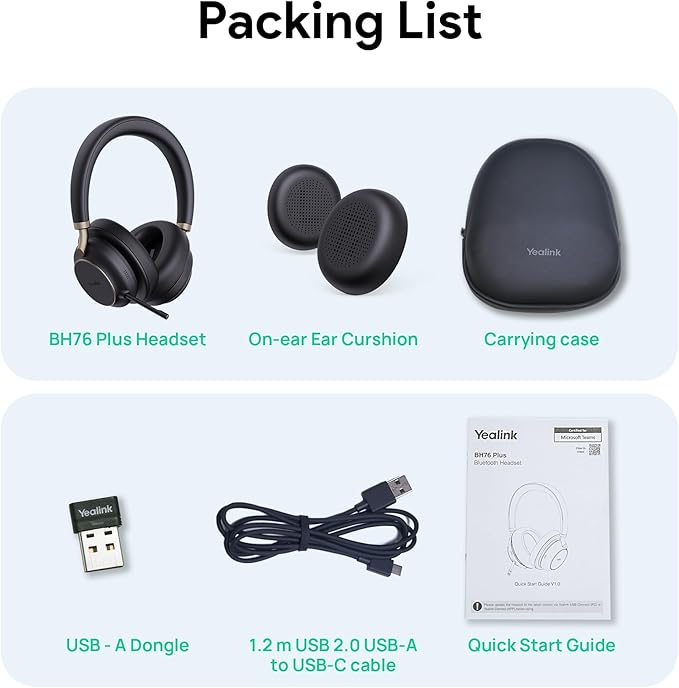 Yealink BH76 Plus UC Wireless Headset for Work, Bluetooth Headsets with Microphone Active Noise Cancelling, Retractable Mic Arm, ANC Business Headsets for Teams Zoom Meeting Call, Switchable Earpads