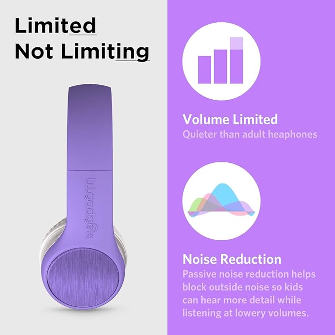LilGadgets Connect+ Style On-Ear Kids Headphones with Microphone - SharePort Technology, SoftTouch Padding, Detachable Cable, Noise Reduction, Durable & Adjustable - Purple Wired Headphones for Kids