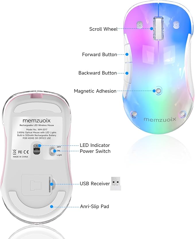 memzuoix 2.4G Wireless Mouse with Customizable Cover & 9-Color LED - Rechargeable Ergonomic, 1200 DPI, 5 Buttons, USB Receiver for PC/Mac - Pink