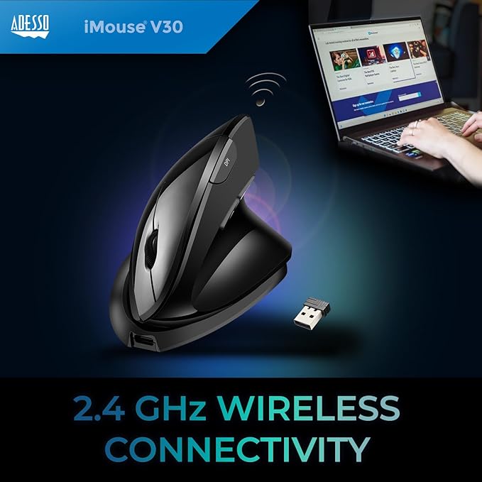 ADESSO iMouse V30 Wireless Adjustable Vertical Ergonomic Mouse with Customizable Angles and DPI Switch - Advanced Optical Sensor Technology, Reduces Wrist Strain, 2.4GHz USB Receiver, TAA-Compliant