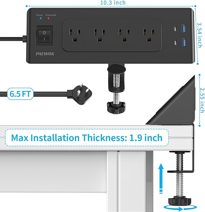Desk Clamp Power Strip with USB C, Desk Charging Station with 4 Outlets 4 USB Ports, Desktop Mounted Power Strip Surge Protector, 6.5ft Flat Plug Extension Cord, Fit 1.9 inch Tabletop Edge, Black