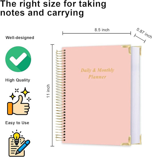 Undated Daily Monthly Planner for 2025 2026 - A4 To Do List with Hourly Schedule, Hardcover Spiral Bound Daily Planner to Increase Focus, Stylish School/Office Supplies, 8.5" x 11", Pink