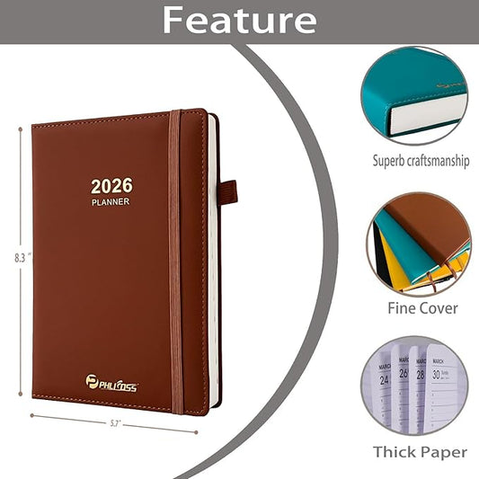 Daily Planner 2026 / Appointment Book, One Page Per Day, Jan - Dec 2026, Annual Daily Monthly Calendar Planner with Hourly Schedule and Monthly Tabs, 5.7" x 8.3" Agenda (Brown)