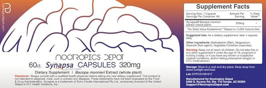 Nootropics Depot Synapsa Bacopa Monnieri Capsules | 320mg | 60 Count | Whole Plant Extract | Ayurveda Supplement | Adaptogen Herb | to Enhance Learning, Memory & Mental Performance