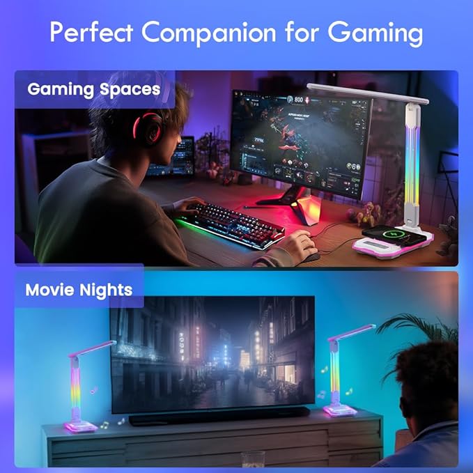 WILIT Desk Lamp for College Dorm Room,Sound Reactive RGB Lamp, Gamer Room Decor, Table Lamp with Wireless Charger&USB Charging Port,Touch Control Lamp,LED Reading Lamp for Home Office,Men Gifts