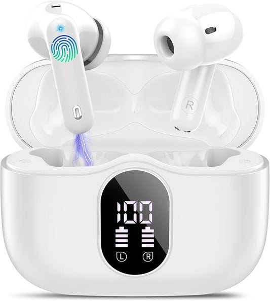 Wireless Earbuds, Bluetooth 5.4 Headphones Bass Stereo, Ear Buds with Noise Cancelling Mic, IP7 Waterproof in Ear Earphones, 36H LED Display Bluetooth Earbuds for Laptop Pad Phones Sports, White