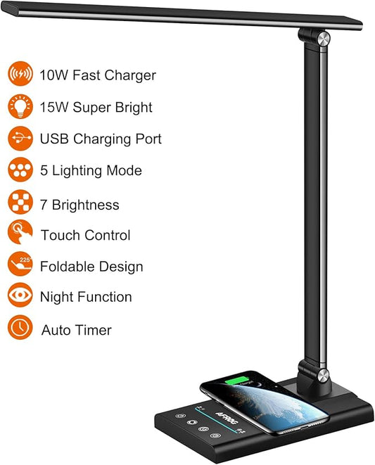 AFROG 5th Gen Multifunctional LED Desk Lamp with 10W Fast Wireless Charger, USB Charging Port,1800Lux Super Bright,5 Lighting Mode,7 Brightness, Touch Control, Auto Timer, 15W Office Table Lamp