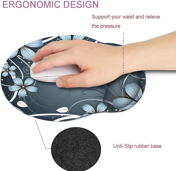 RICHEN Ergonomic Mouse Pad with Wrist Support,Non-Slip Rubber Base for Computer Laptop & Mac,Lightweight Rest for Home,Office & Travel (Blue Flowers)