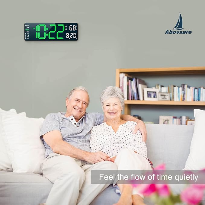 Digital Clock, Digital Wall Clock for Living Room Decor, Desk Alarm Clock for Bedroom, Large Wall Clock with Remote Control, Automatic Brightness Dimmer LED Clock with Date Temperature Week (Green-B)