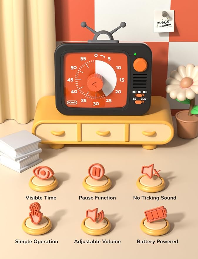 LIORQUE Visual Timer for Kids, 60-Minute Countdown Timers for Classroom Office Kitchen with Silent Operation, Kids Timer for Teaching with Cute Design