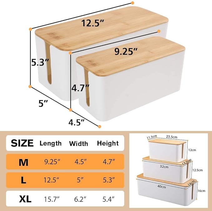 Cable Management Organizer Box, 2 Pack Large Storage Bamboo Lid Wires Concealer Holder for Office Desk, Home, Kitchen, TV, Computer, Cover Hide Tidy Surge Protector Power Strips & Cords (White)