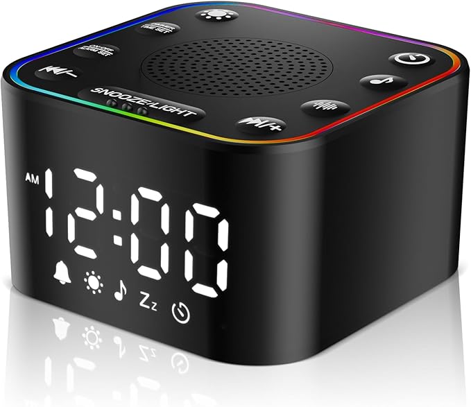 Alampan White Noise Sound Machine with Alarm Clock, 30 Soothing Sounds, Noise Machine for Sleeping, RGB Night Light, Digital Clock, Adults, for Bedside, Nightstand, Including Fan, Rain, Bird, Ocean