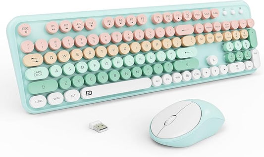 Wireless Keyboards Mouse Combos, Colorful Cute Typewriter Full-Size Retro Round Keycaps, 2.4GHz Cordless Sleep Mode Office Quiet Wireless Keyboard and Mouse Set for Desktop Laptop PC Computer
